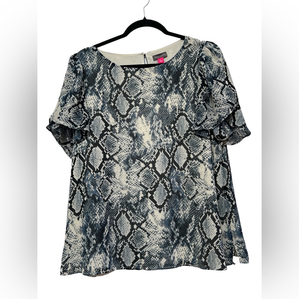 Vince Camuto Snakeskin Print Ruffle Sleeve Blouse Animal Print Top L Edgy